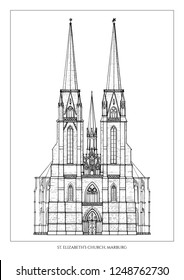 St. Elizabeth's Church (or Elisabethkirche) in Marburg, Germany - 
middle age gothic architecture christian  church  - outline black and white vector illustration
