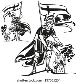 St Florian themes: Brush drawing-based vector illustrations showing St. Florian, the patron saint of firefighters.