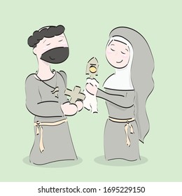 St Francis of Assisi and St Clare of Assisi carrying cross and monstrance - vector illustration