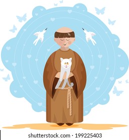 St. Francis of Assisi with a white kitten in her lap. Blue background with hearts, butterflies and birds.