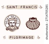 St Francis way hand drawn pilgrims shell with tau cross.   Isolated black and white vector for travel icon collection or passport credencial. Saint Francis way camino illustration pilgrimage logo