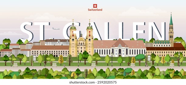 St. Gallen cityscape colorful vector illustration with big city name on the background. Travel trendy poster