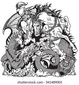 St George knight on horseback fighting a dragon Black and white illustration 