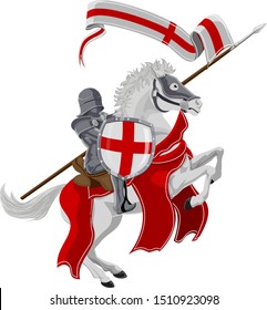 St George the medieval knight and patron Saint of England celebrated on saint Georges day riding his white rearing horse with a spear, shield and banner