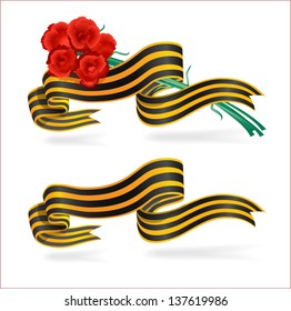 St. George ribbon with a bouquet of red roses.