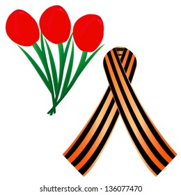St. George ribbon and red tulips