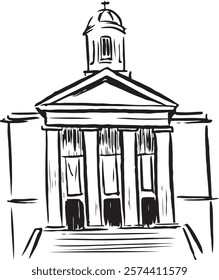 St George's, Bristol, England facade black and white ink sketch. Neoclassical architecture,  elegant columns, historic concert venue. Cultural landmark illustration. Tourism, travel, arts.