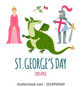 St. George's Day card with dragon, princess, knight and rose. Vector illustration.