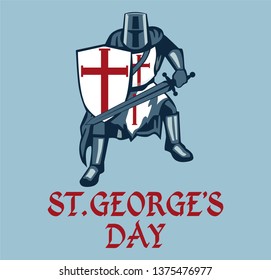 St. George's Day card with knight and sword on blue background. 