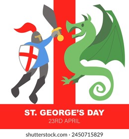 Tarjeta de celebración del Día de San Jorge con caballero y dragón. Vector ilustración de dibujos animados.