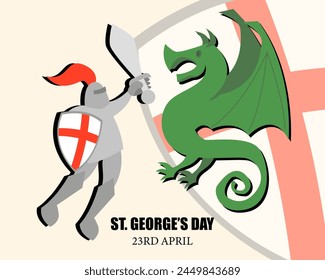 Tarjeta de celebración del Día de San Jorge con caballero y dragón. Vector ilustración de dibujos animados.