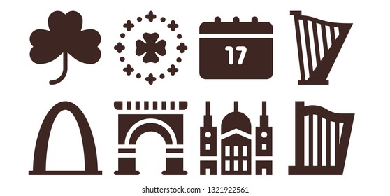 st icon set. 8 filled st icons.  Collection Of - Gateway arch, Clover, Arch, Saint Patrick, Saint paul, Harp