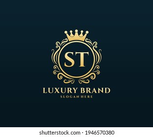 ST Initial Letter, Gold Text mit feminin floralem handgezeichnet heraldischen Monogramm, antike Vintage Stil Luxus Logo Design.