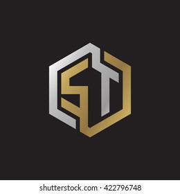 ST initial letters looping linked hexagon elegant logo golden silver black background
