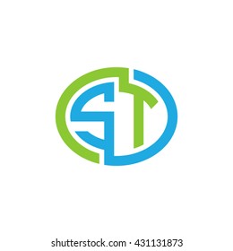 ST initial letters looping linked ellipse logo blue green