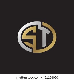 ST initial letters looping linked ellipse elegant logo golden silver black background