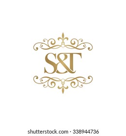 S&T Initial logo. Ornament ampersand monogram golden logo