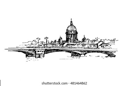 St. Isaac's Cathedral and Neva river with bridge, St.Petersburg, Russia. Vector illustration. Sketch.