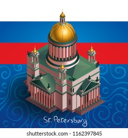 St. Isaac's Cathedral on the background of the flag of Russia and the smooth pattern.Vector illustration