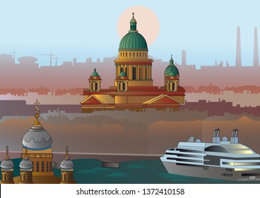 St. Isaac's Cathedral on the background of the sunset city of St. Petersburg