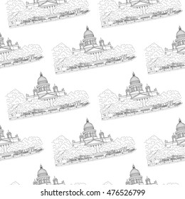 St. Isaac's Cathedral sketching seamless pattern on white background. Saint Petersburg, Russia. Vector illustration for your design