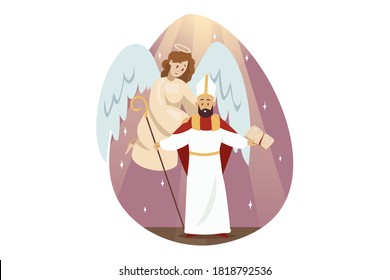 St. Isidores day, religion, christianity, bible concept. Angel biblical religious character supporting holding Saint Isidore head ancient philosopher patron of Internet. Catholic holiday illustration.