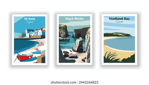 St Ives, England. Stack Rocks, Pembrokeshire. Studland Bay, Dorset - Set of 3 Vintage Travel Posters. Vector illustration. High Quality Prints