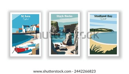 St Ives, England. Stack Rocks, Pembrokeshire. Studland Bay, Dorset - Set of 3 Vintage Travel Posters. Vector illustration. High Quality Prints