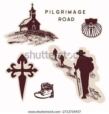 St James way hand drawn pilgrimage road element set. Isolated black and white vector with pilgrim, walking boots, shell , chapel and Santiago cross for travel icon collection or passport credencial