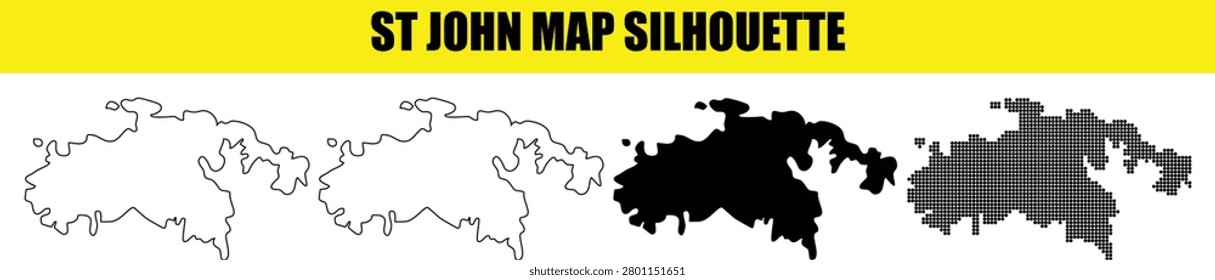 St John map silhouette offering a variety of design styles. This collection includes solid, outline, and dotted versions, perfect for travel guides, educational content, or decorative purposes.