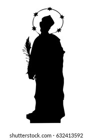 St John Nepomucene or John of Nepomuk. Catholic saint, holding palm leaves and a crucifix. Statue isolated on white. Black silhouette vector.