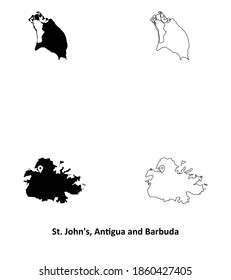 St John's, Antigua and Barbuda. Detailed Country Map with Capital City Location Pin. Black silhouette and outline maps isolated on white background. EPS Vector