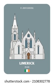 St. John's Cathedral in Limerick, Ireland. Architectural symbols of European cities. Colorful vector 