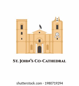 St. John's Co-Cathedral in Valletta, Malta. One of the most beautiful churches. Must visit this place when coming to malta. Vector trip and travel tourist vacation in cartoon illustration