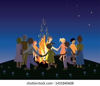 St John's Eve, Traditional Midsummer With Fire. Vector Illustration