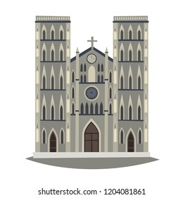 St Joseph's Cathedral in Hanoi cartoon vector illustration. Gothic church isolated on white background.  Flat cartoon style Vietnamese traditional cultural symbols