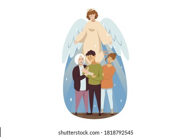 Día de San José, religión, biblia, concepto de cristiandad. Ángel, personaje religioso bíblico, observa a papá, hombre de familia, mujer madre y bebé pequeño. Festividad ortodoxa católica o Día de los Padres