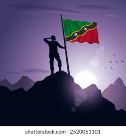 ST. Kitts Nevis Flag hoisted on a mountain peak with a purplish sunset in the background, vector illustration