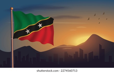 ST. Bandera de Kitts Nevis con montañas y sol matutino al fondo