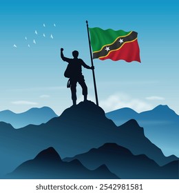 ST. Kitts Nevis Bandera levantada en una cima de la montaña con el cielo despejado en el fondo, Ilustración vectorial