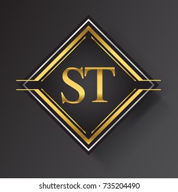 ST Letter logo in a square shape gold and silver colored geometric ornaments. Vector design template elements for your business or company identity.