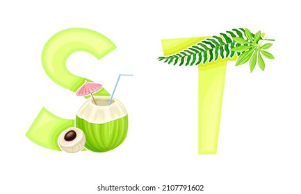 S,T letters of English alphabet with exotic tropical cocktail and palm leaves vector illustration