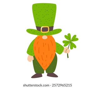 St. Patrick’s llustration. Cute Leprechaun with shamrock isolated on white background. 