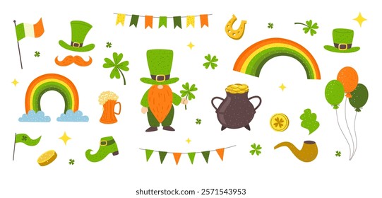 St. Patrick’s llustration Set. Festive elements with green clover, shamrock, gold coin pot, green hats, boots, horseshoe, and clover. 