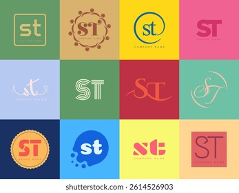 ST logo company template. Letter s and t logotype. Set different classic serif lettering and modern bold text with design elements. Initial font typography. Collection trendy business identity.