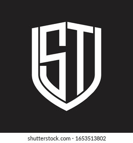 Monograma del logotipo ST con diseño de escudo de emblemas aislado en fondo negro