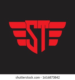 ST Logo monogram with emblem and wings element design template on red colors