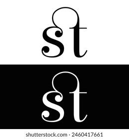 Logotipo ST. Diseño S T. Letra blanca ST. Diseño del logotipo de la letra ST, S T. Letra inicial ST vinculada círculo mayúscula monograma logo.