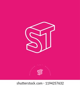 ST logo. S and T letters. White linear emblem as 3D on a pink background. The minimalist style.