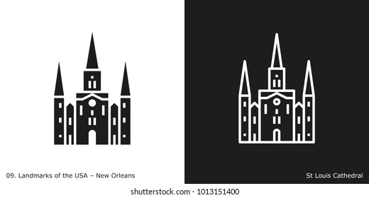 St Louis Cathedral Icon - New Orleans. Famous American landmark icon in line and glyph style. 